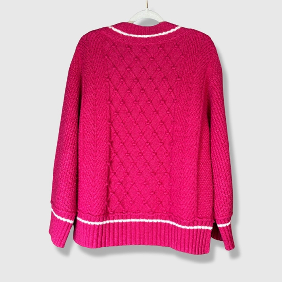 Maeve by Anthropologie Tilly Pullover Sweater V-Neck Cable Knit Varsity Pink W L - Picture 3 of 13
